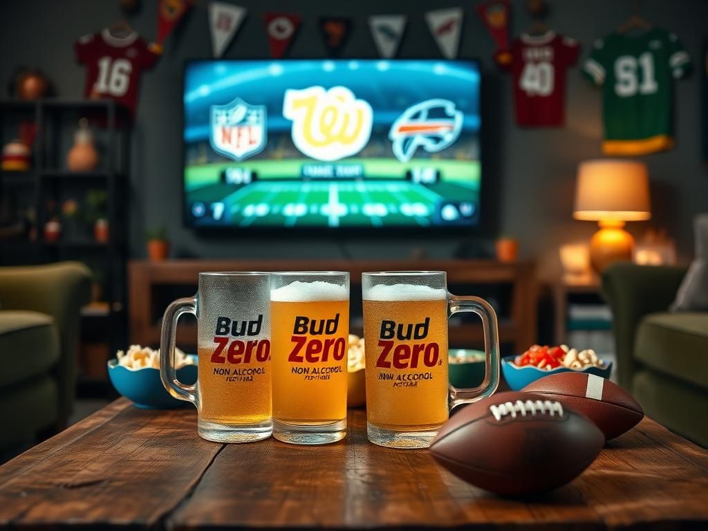 Flick International Cozy living room with two frosted glass mugs of non-alcoholic beer during a football game