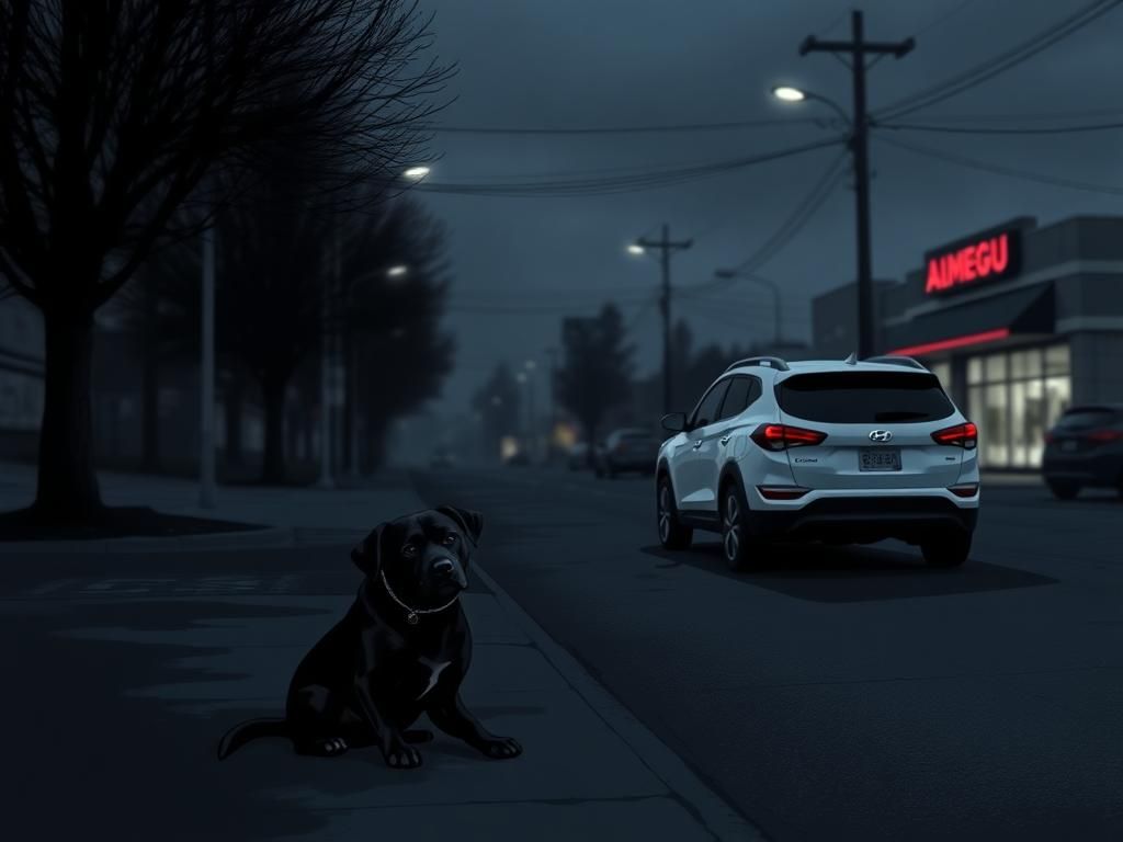 Flick International Dark illustration of a deserted Tacoma street with a white Hyundai Tucson and a forlorn black dog
