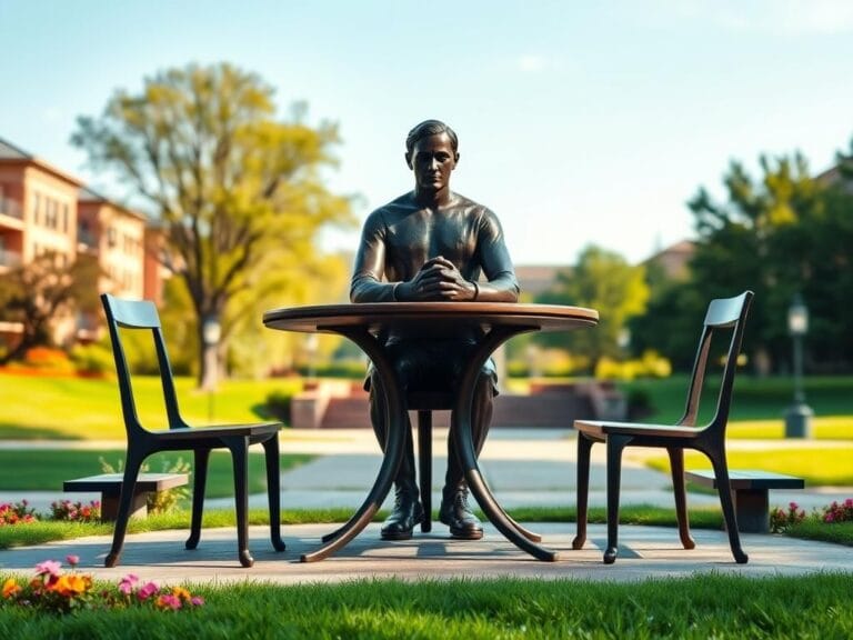 Flick International Bronze statue of a figure at a table symbolizing dialogue on a college campus