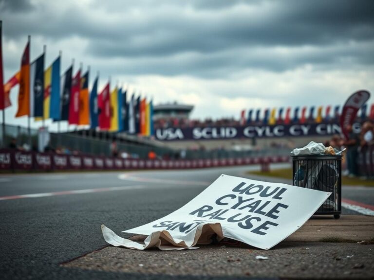 Flick International Empty cycling track under an overcast sky with a crumpled protest sign in the foreground