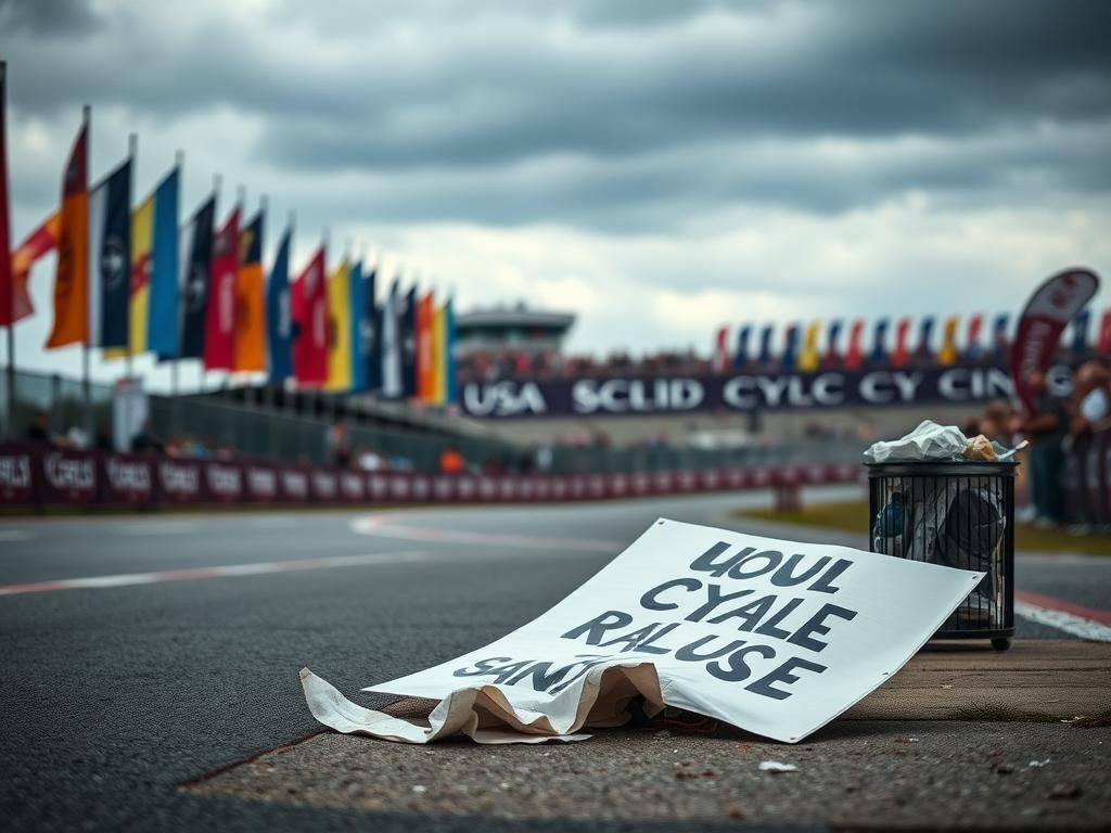 Flick International Empty cycling track under an overcast sky with a crumpled protest sign in the foreground
