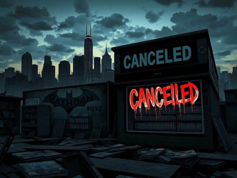 Flick International Abandoned comic book store with faded 'Red Hood' logo in Gotham skyline