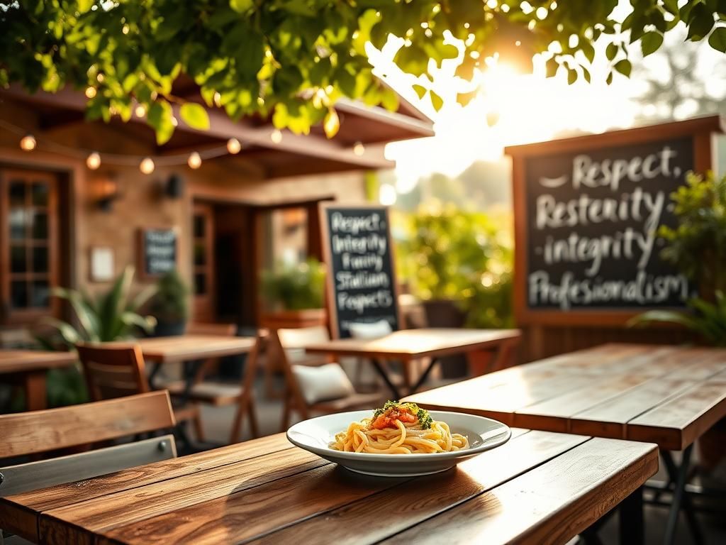 Flick International serene outdoor patio of an Italian restaurant with rustic tables and greenery