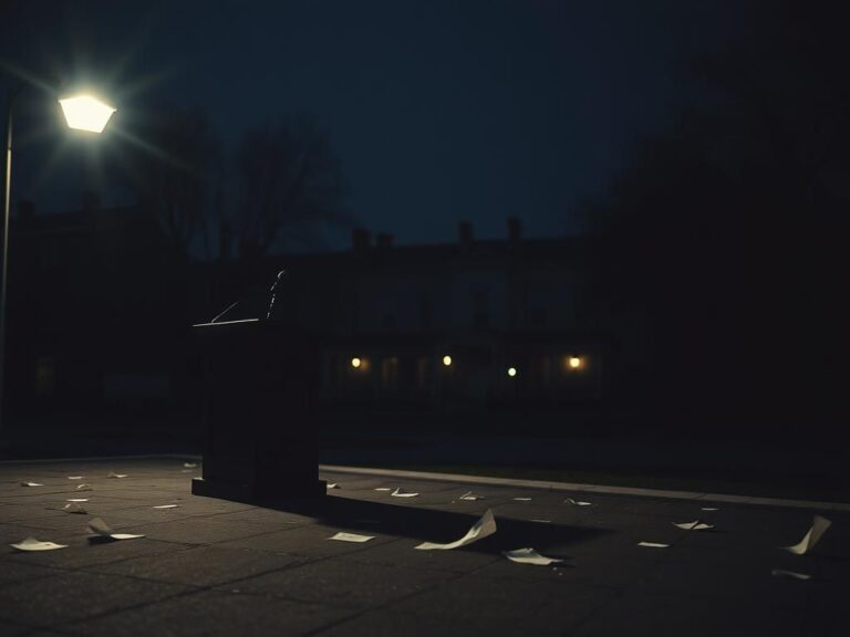 Flick International A dimly lit university campus scene with an unoccupied podium and fluttering papers symbolizing political tension