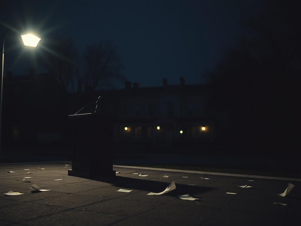 Flick International A dimly lit university campus scene with an unoccupied podium and fluttering papers symbolizing political tension