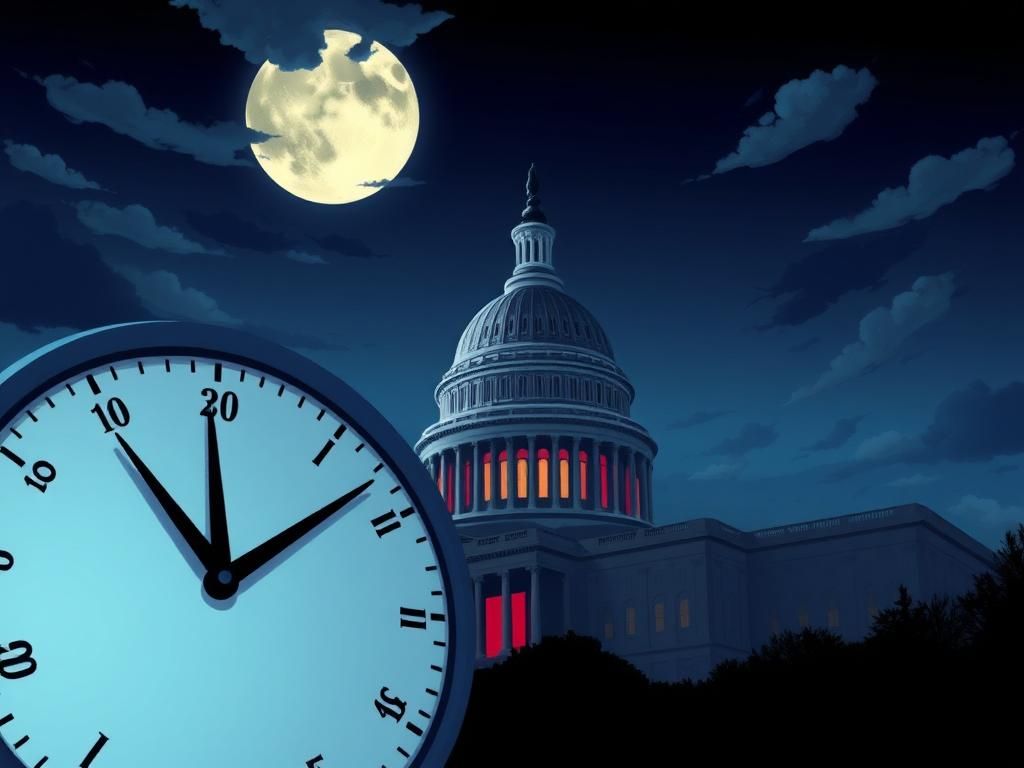 Flick International Dramatic illustration of the U.S. Capitol building under a twilight sky with a large clock emphasizing the September 30th deadline for government funding votes.