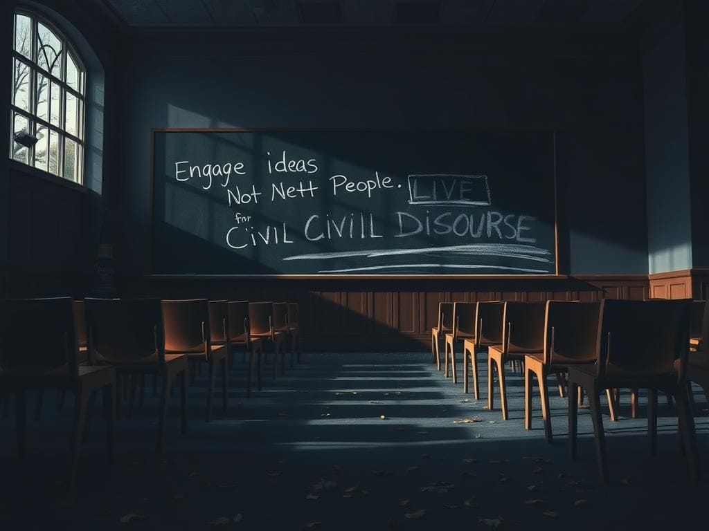 Flick International Empty university lecture hall symbolizing the need for civil discourse