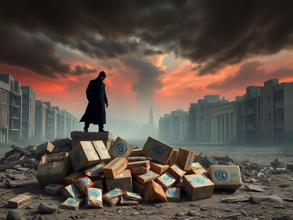 Flick International A desolate urban landscape with crumbling buildings and empty streets, depicting the impact of aid theft.