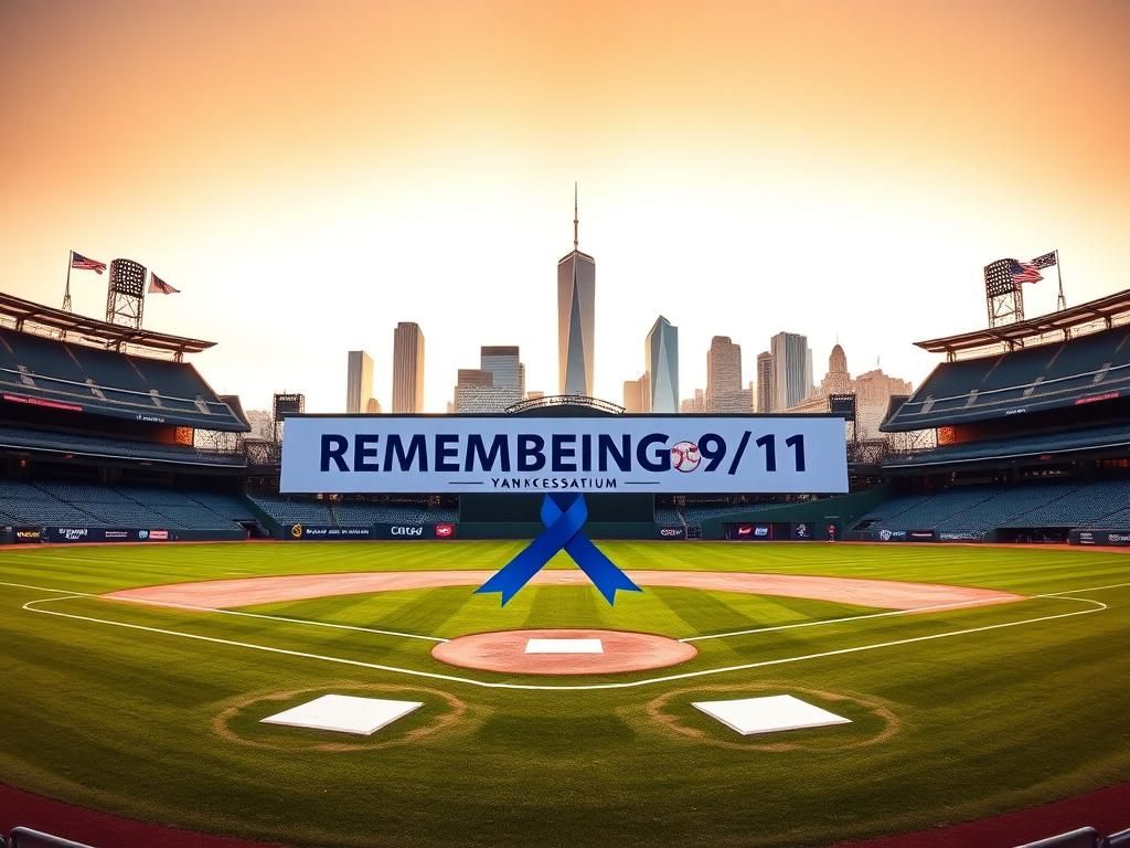Flick International Panoramic view of Yankee Stadium during sunset with 'Remembering 9/11' banner