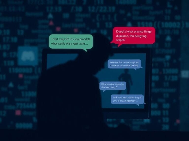 Flick International Digital illustration of a dark-themed Discord chat interface with vibrant chat bubbles, representing serious discussions and confessions.