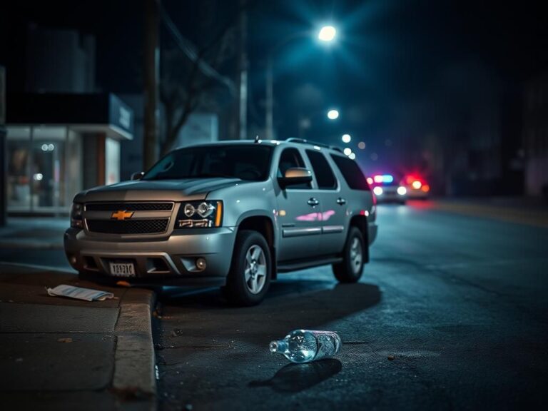 Flick International Somber urban night scene in Queens with a damaged gray 2009 Chevy Suburban parked on a deserted street