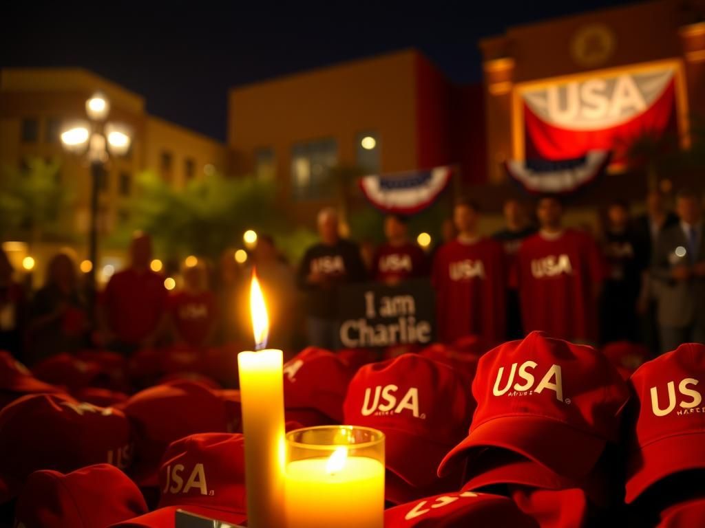 Flick International A candle-lit vigil honoring Charlie Kirk with red MAGA hats and patriotic attire