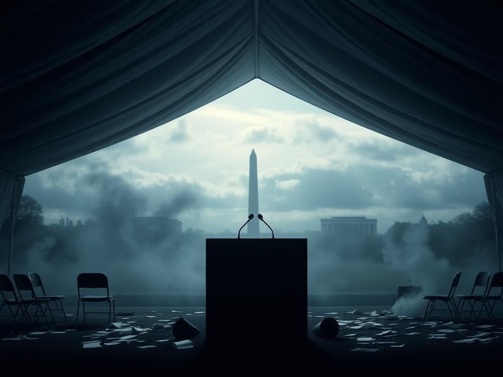 Flick International Abandoned podium under a white tent symbolizing political tension