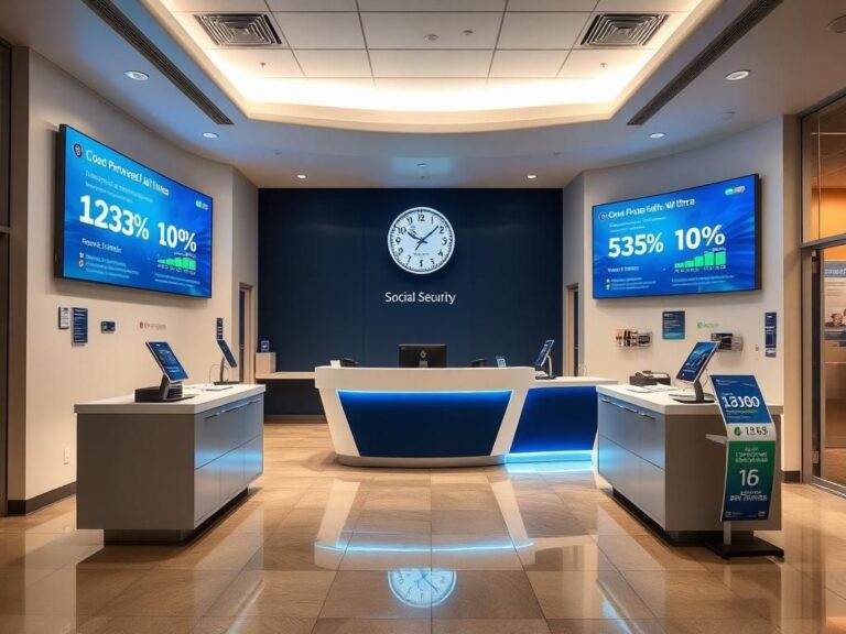 Flick International A modern Social Security office featuring a sleek front desk and digital performance displays