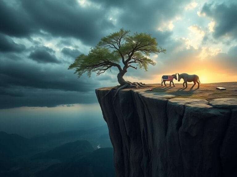 Flick International Symbolic representation of democracy on the edge of a cliff, featuring a crumbling cliff with a gnarled tree and dark stormy clouds in the background.