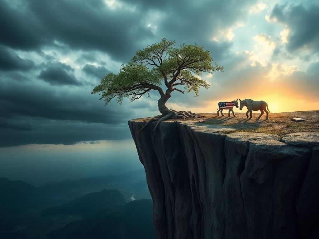 Flick International Symbolic representation of democracy on the edge of a cliff, featuring a crumbling cliff with a gnarled tree and dark stormy clouds in the background.