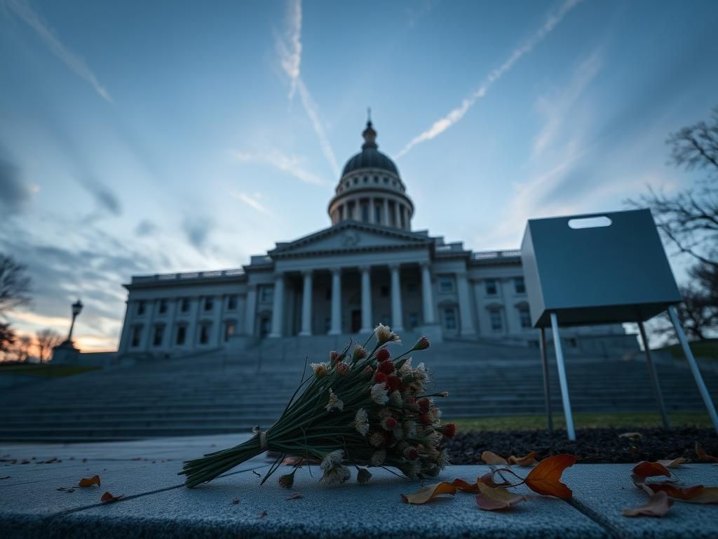 Flick International A somber view of the Minnesota Capitol building at dusk with wilted flowers in the foreground symbolizing loss