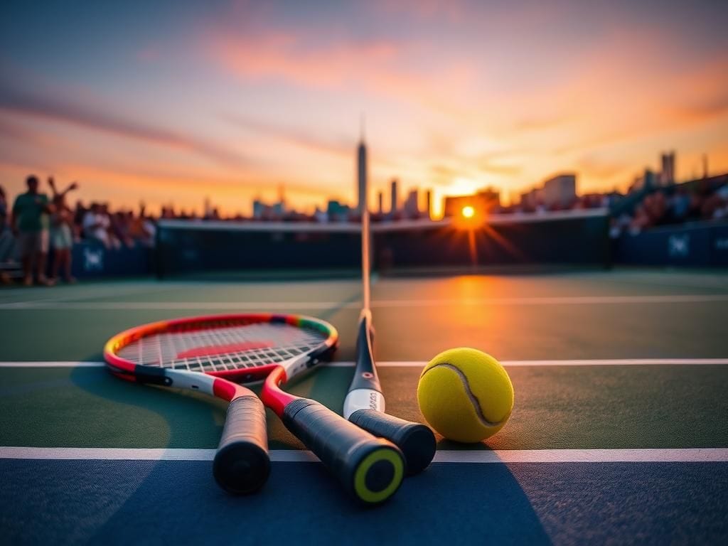 Flick International A vibrant outdoor tennis court at twilight with tennis rackets and a yellow ball symbolizing competitive spirit