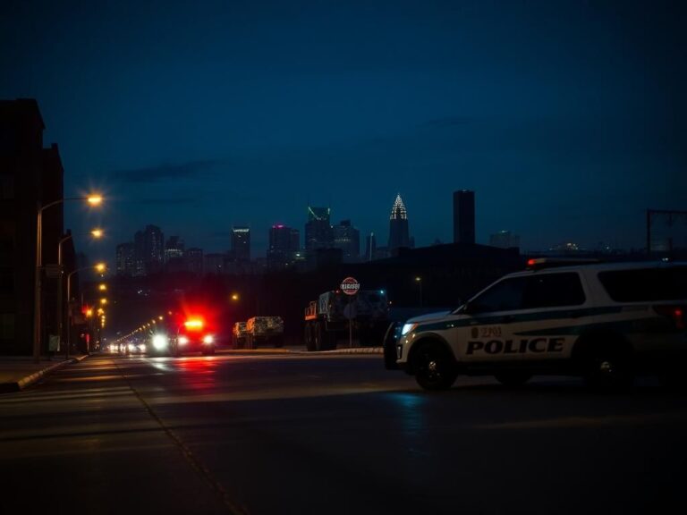 Flick International Nighttime urban scene in Memphis featuring flashing police vehicle and subtle National Guard presence