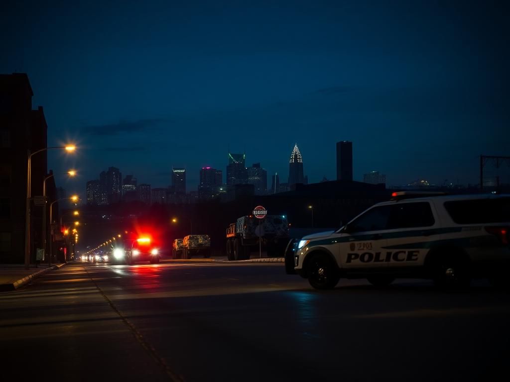 Flick International Nighttime urban scene in Memphis featuring flashing police vehicle and subtle National Guard presence