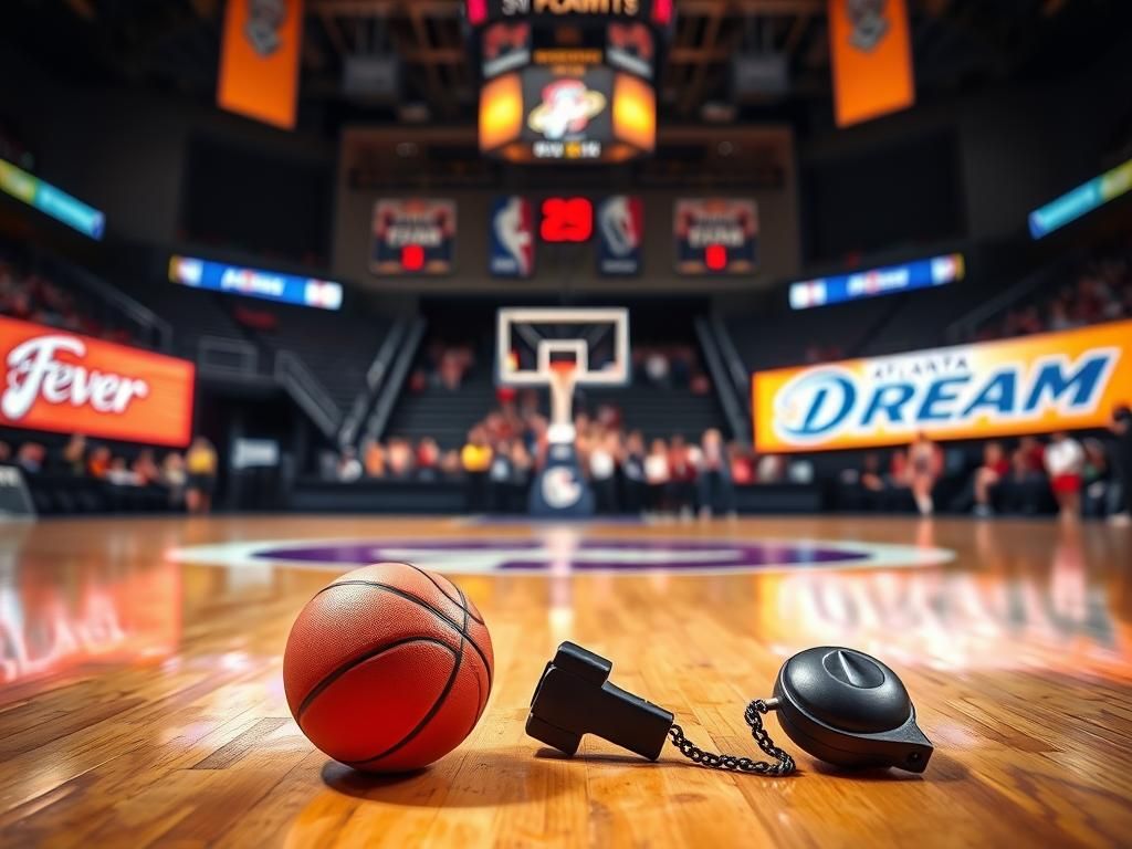 Flick International A close-up of a basketball and referee's whistle on a vibrant basketball court during a playoff game