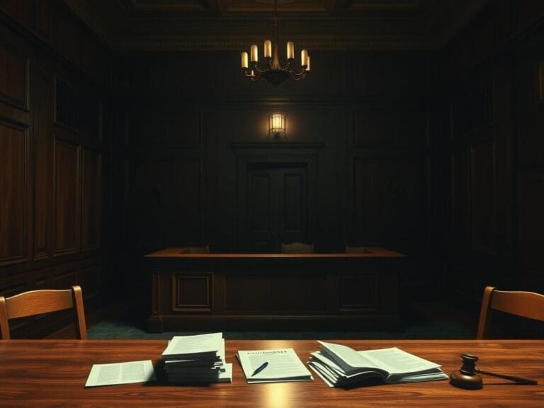 Flick International Dimly lit courtroom in South Carolina with a judge's bench and legal documents