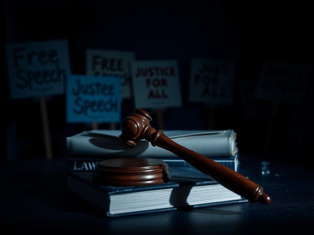 Flick International Dark scene with a gavel on law books and blurred protest signs symbolizing justice and free speech
