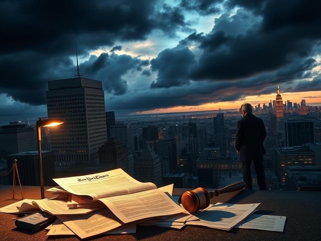 Flick International A dramatic cityscape featuring the New York Times building against a twilight sky with dark storm clouds