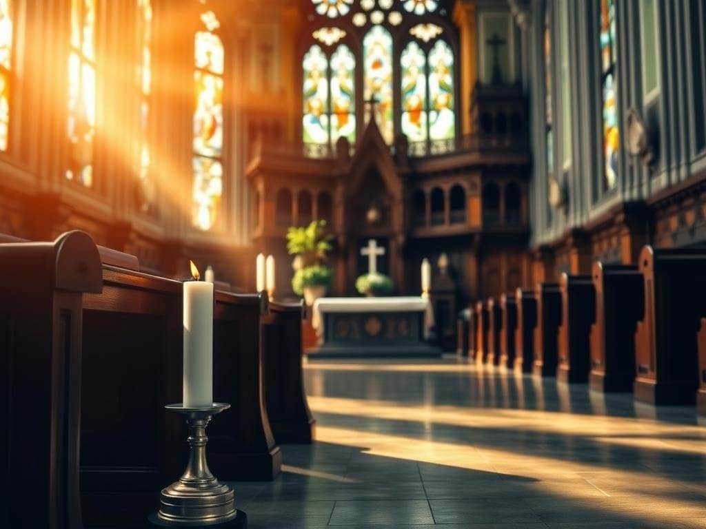 Flick International serene interior of a grand cathedral with soft sunlight through stained glass