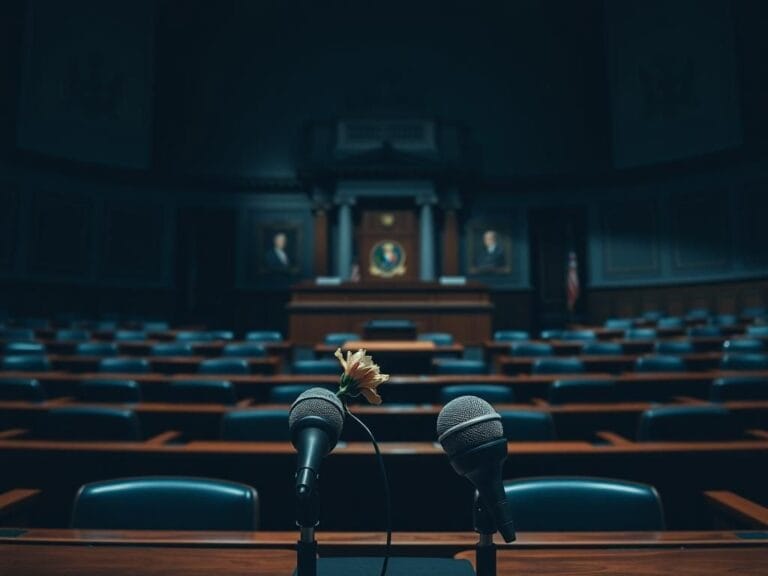Flick International A dimly lit congressional chamber with empty seats and a closed podium symbolizing political tension
