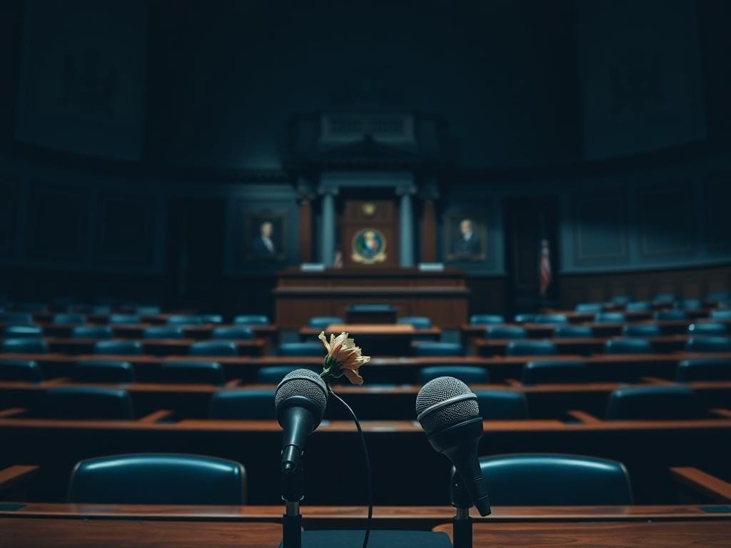 Flick International A dimly lit congressional chamber with empty seats and a closed podium symbolizing political tension