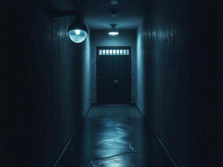 Flick International Dimly lit prison cell corridor with stark concrete walls and surveillance camera