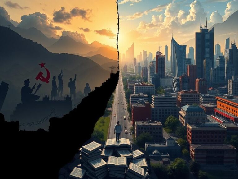 Flick International Conceptual illustration depicting a split landscape of dark cityscape symbolizing communism and a vibrant city representing freedom.