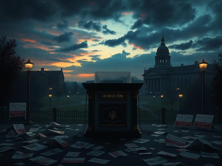 Flick International Dramatic scene of an empty stage with podium labeled 'Charlie Kirk' surrounded by political debris