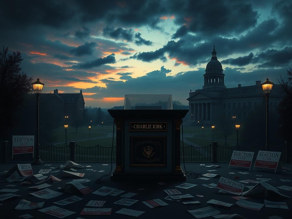 Flick International Dramatic scene of an empty stage with podium labeled 'Charlie Kirk' surrounded by political debris