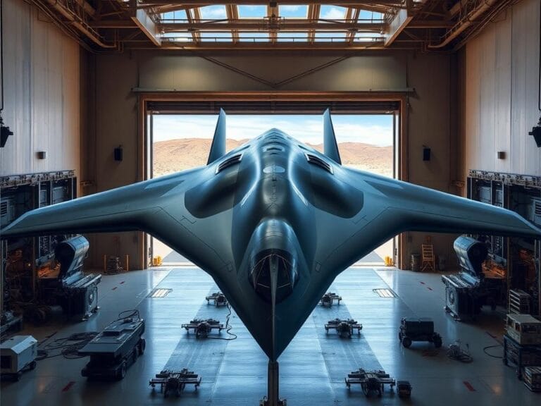 Flick International A sleek B-21 Raider stealth bomber under production in a modern manufacturing facility