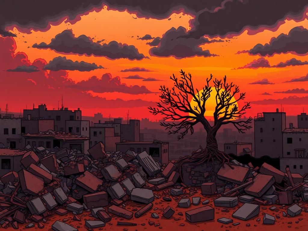 Flick International Dramatic illustration of the Gaza Strip depicting destruction and resilience