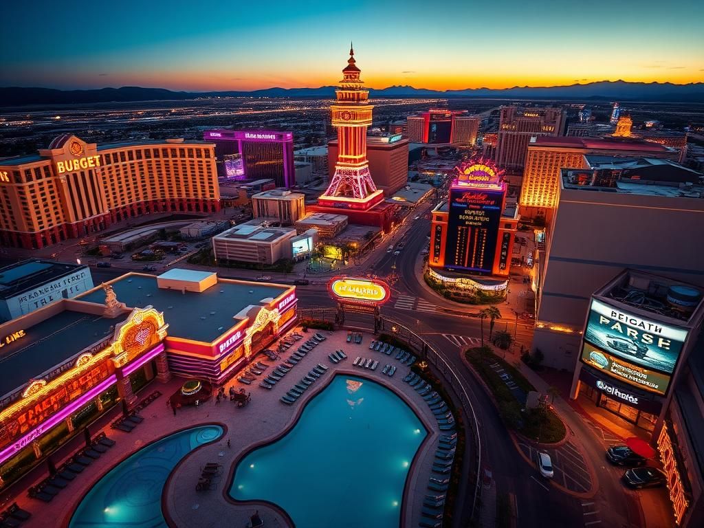 Flick International Aerial view of the Las Vegas Strip at sunset, showcasing luxury hotels and closed budget attractions.