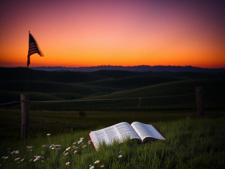 Flick International Serene countryside landscape at twilight with American flag and Bible symbolizing faith and resilience