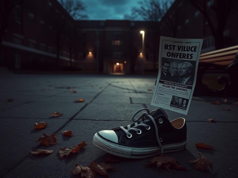 Flick International Empty college courtyard at dusk with abandoned sneakers and political flyer