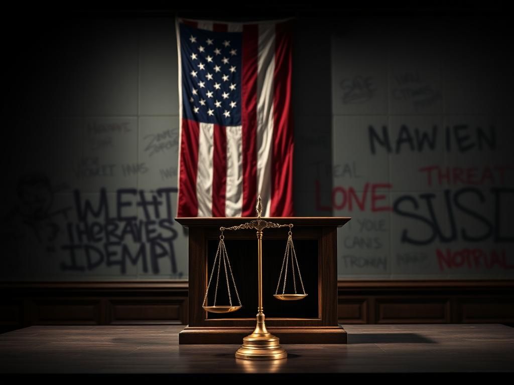 Flick International Grand jury room with empty wooden jury box and golden scales of justice