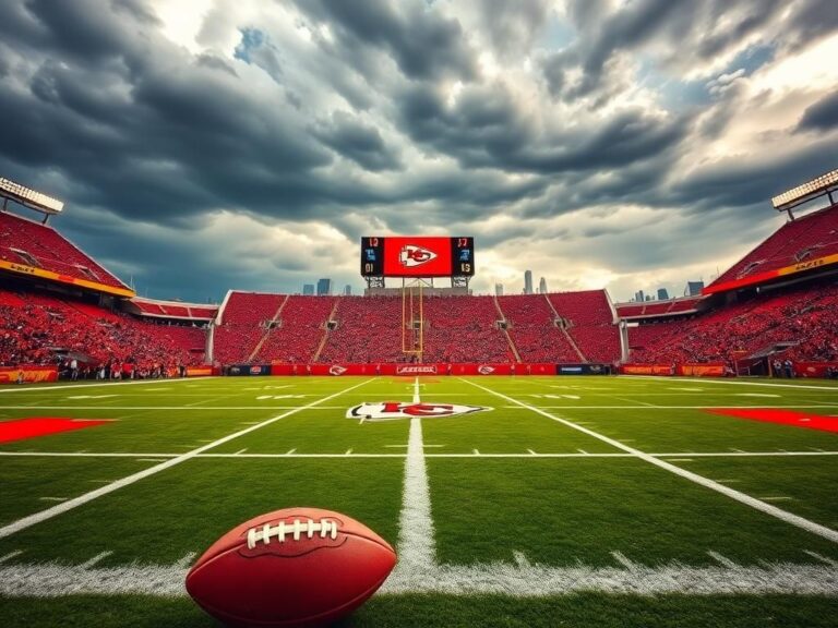 Flick International A dramatic view of the Kansas City Chiefs stadium under ominous clouds, featuring the empty field and a scuffed football.