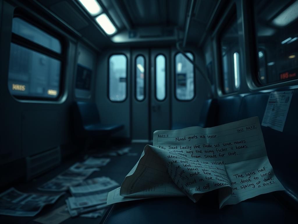 Flick International Somber urban subway scene depicting empty carriage with foggy windows