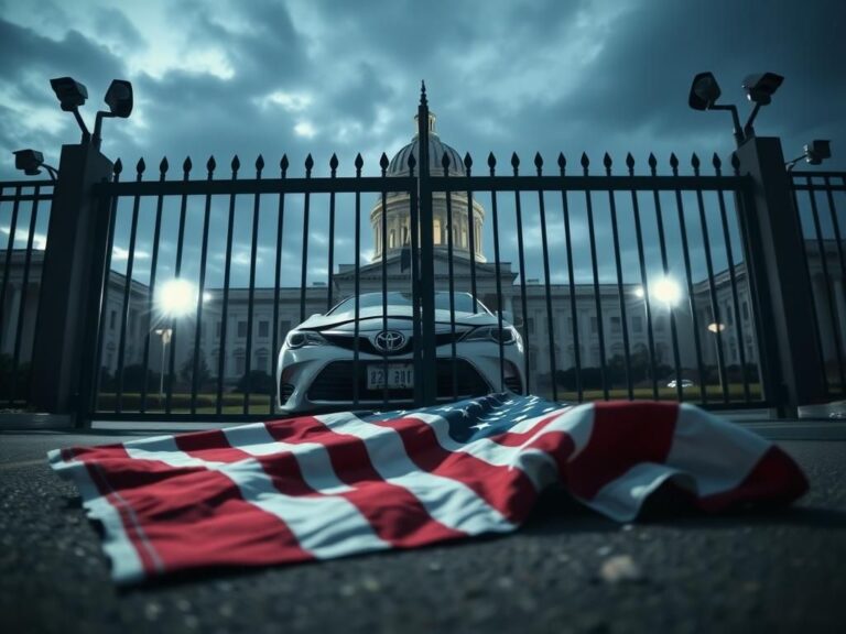 Flick International Close-up view of a damaged Toyota sedan against a metal gate at the FBI Pittsburgh field office