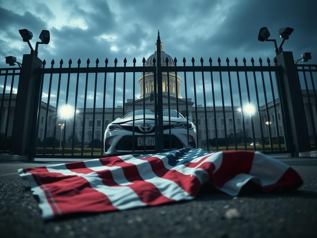 Flick International Close-up view of a damaged Toyota sedan against a metal gate at the FBI Pittsburgh field office