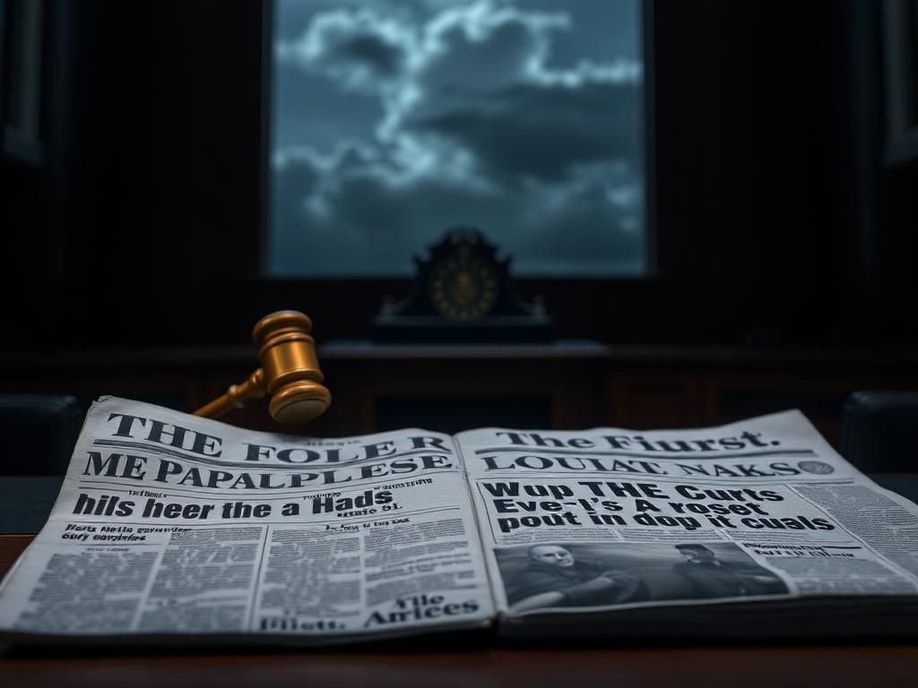 Flick International Dimly lit courtroom with a gavel and a blurred newspaper featuring urgent headlines