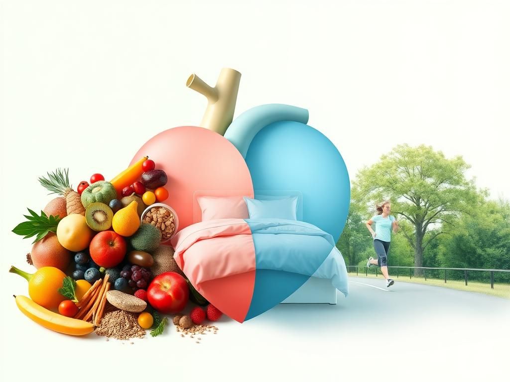 Flick International A colorful assortment of healthy foods, a serene bedroom, and an outdoor exercise space representing heart health.