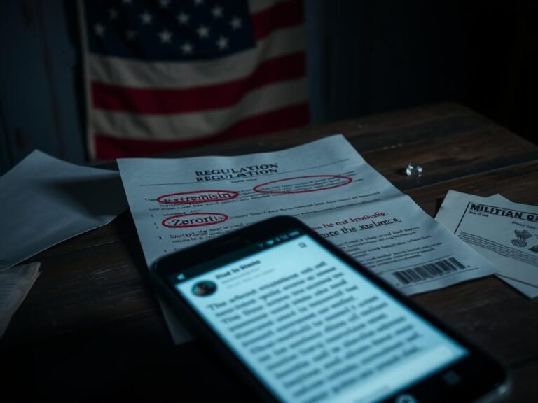 Flick International A military regulation document on a rustic wooden table surrounded by scattered papers and a faded American flag, depicting a serious message about extremism.