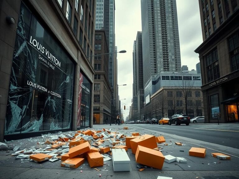 Flick International Shattered glass storefronts on Chicago's Magnificent Mile after a Louis Vuitton smash-and-grab robbery