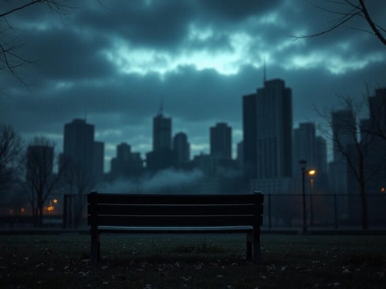 Flick International A somber urban landscape at dusk with a weathered bench and autumn leaves
